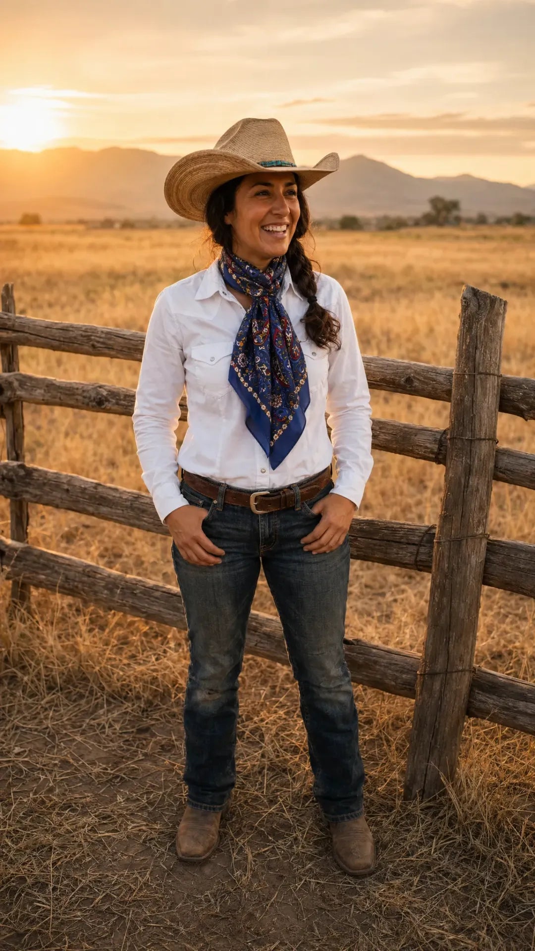 Navy paisley wild rag scarf worn by model in western lifestyle setting