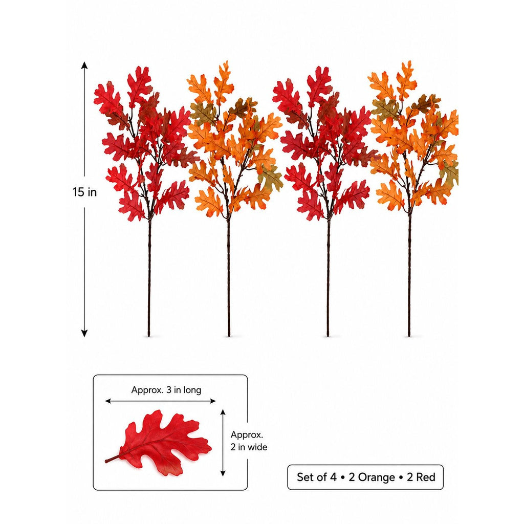 Artificial Oak Leaf Picks Set of 4 Orange Red Fall Stems 15 Inch Thanksgiving Home Decor
