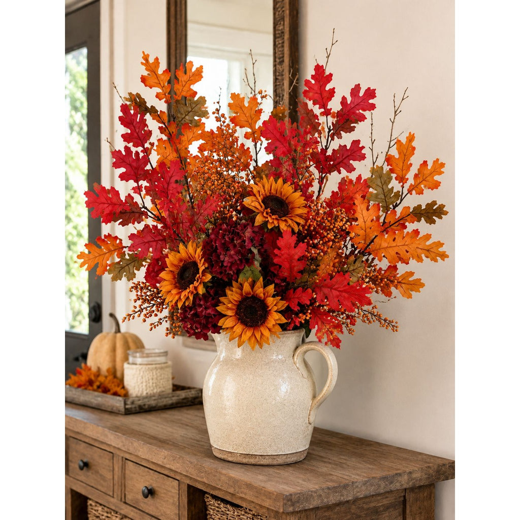 Artificial Oak Leaf Picks Set of 4 Orange Red Fall Stems 15 Inch Thanksgiving Home Decor
