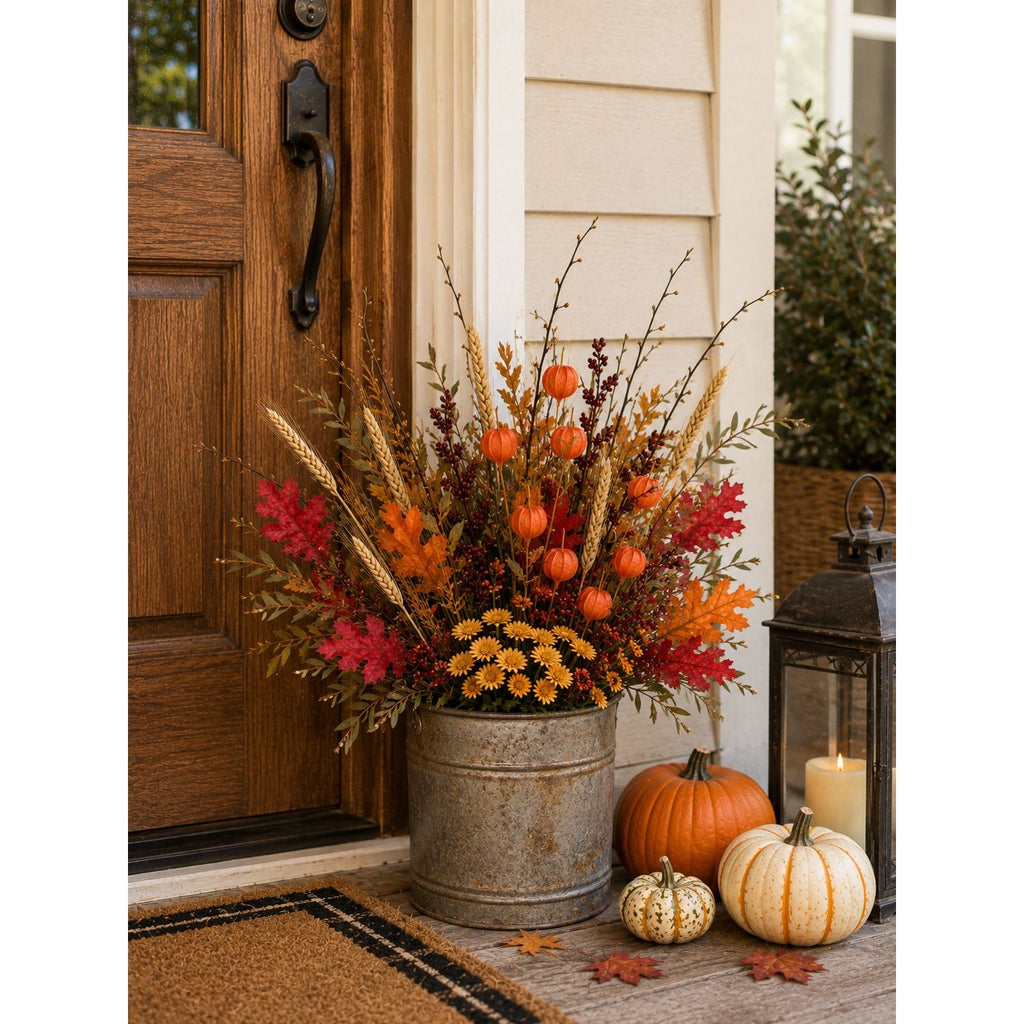 Artificial Oak Leaf Picks Set of 4 Orange Red Fall Stems 15 Inch Thanksgiving Home Decor
