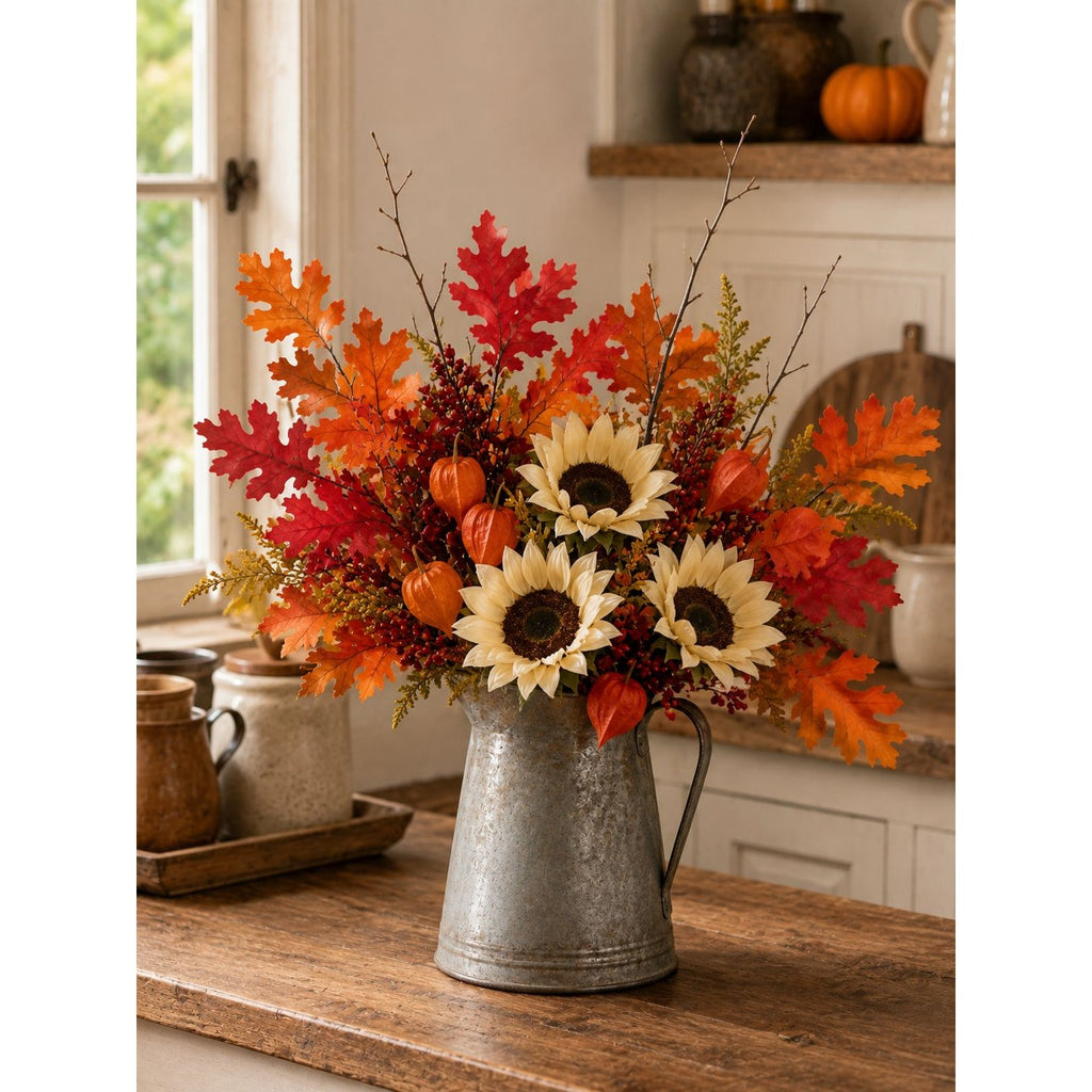 Artificial Oak Leaf Picks Set of 4 Orange Red Fall Stems 15 Inch Thanksgiving Home Decor