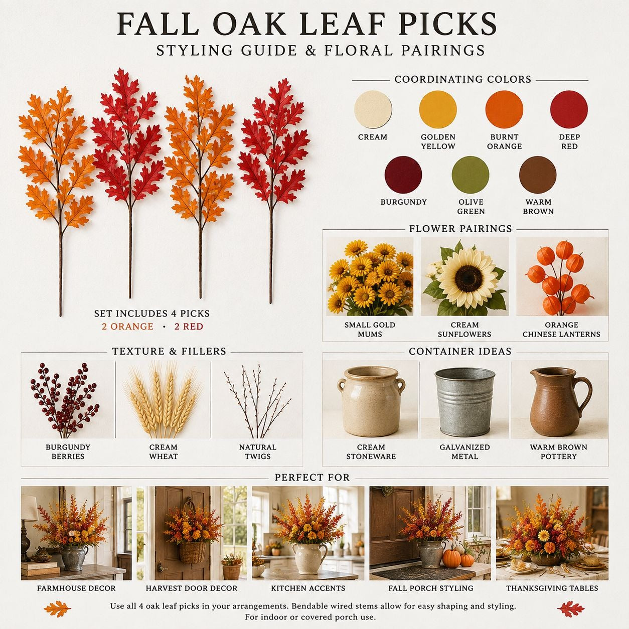 Artificial Oak Leaf Picks Set of 4 Orange Red Fall Stems 15 Inch Thanksgiving Home Decor