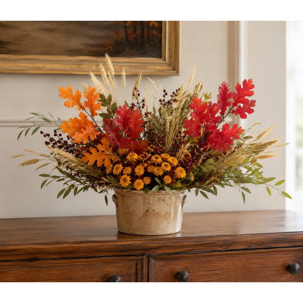 Artificial Oak Leaf Picks Set of 4 Orange Red Fall Stems 15 Inch Thanksgiving Home Decor