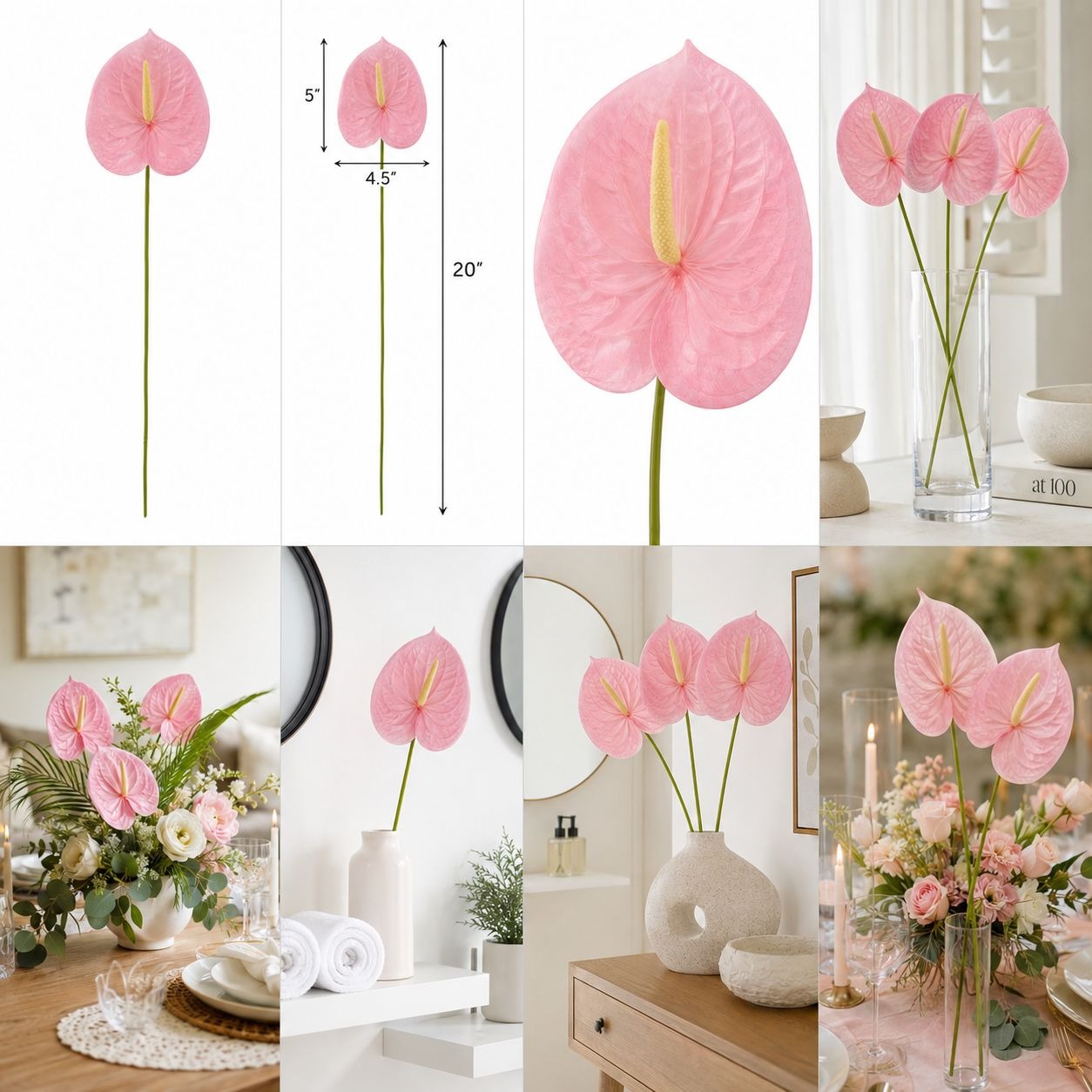 Pink Real Touch Anthurium Stem 20 Inch Faux Tropical Flower Artificial Blush Floral Stem for Vase Wedding Centerpiece Home Decor