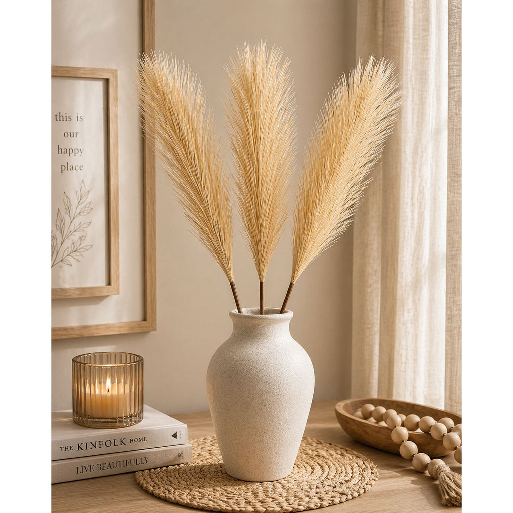 Wheat Beige Pampas Grass 3 Stem Faux Pampas Golden Beige Boho Decor Neutral Vase Filler Farmhouse Floral Stems Minimalist Decor