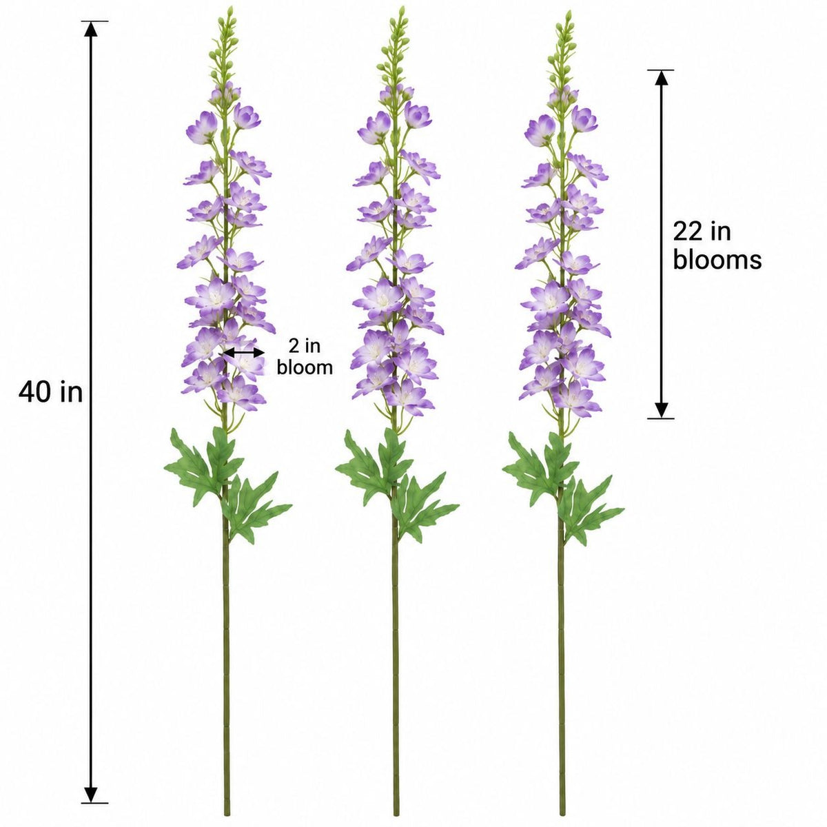 Lavender Artificial Delphinium Stems Set of 3, 40-Inch Faux Larkspur