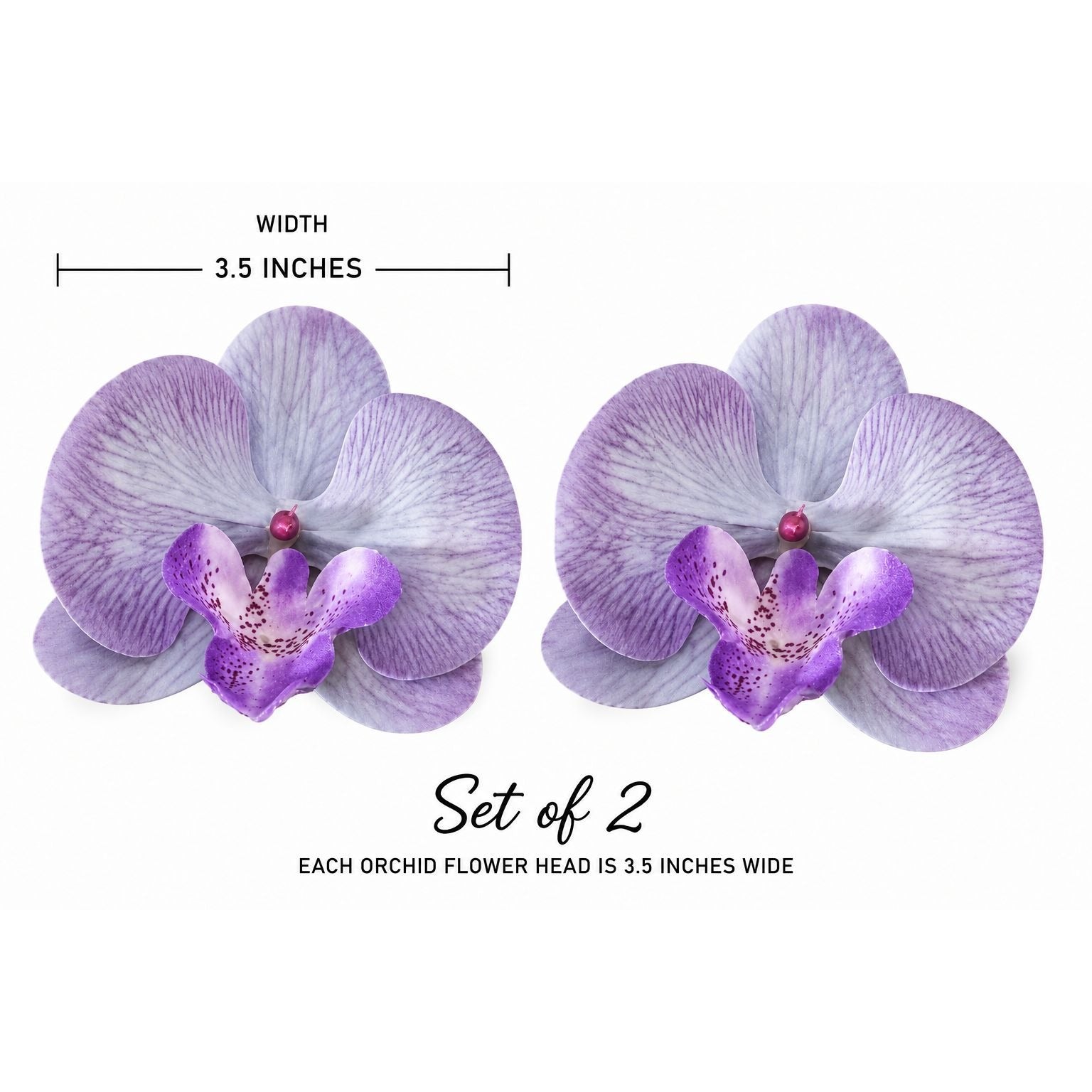 Two purple orchid flower head earrings shown side by side on a white background, with measurement text indicating 3.5 inches wide and a note that this is a set of 2.
