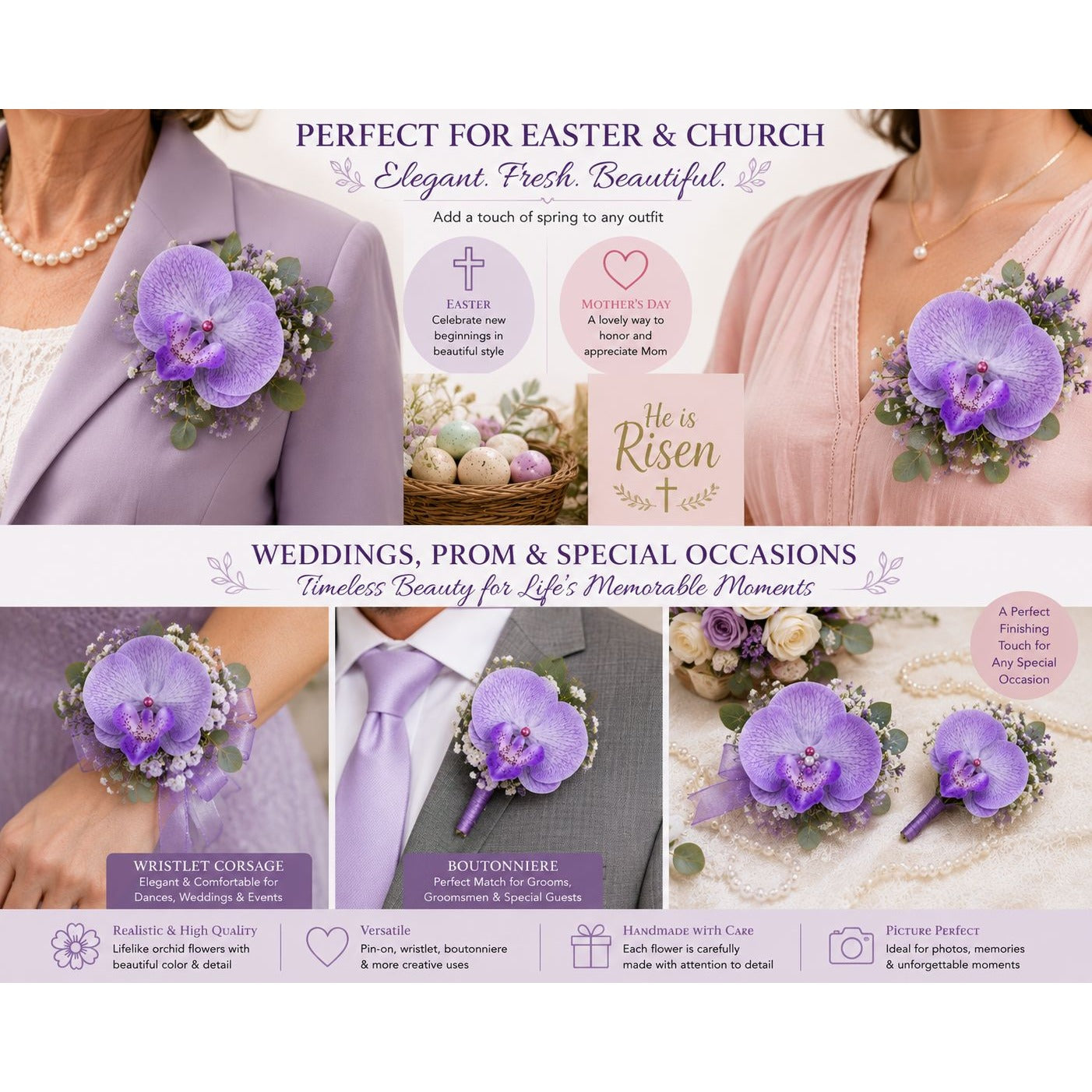 Set of 2 Lavender Purple Orchid Flower Heads 3.5 Inch Faux Phalaenopsis Blooms for Corsage Wristlet Boutonniere Craft