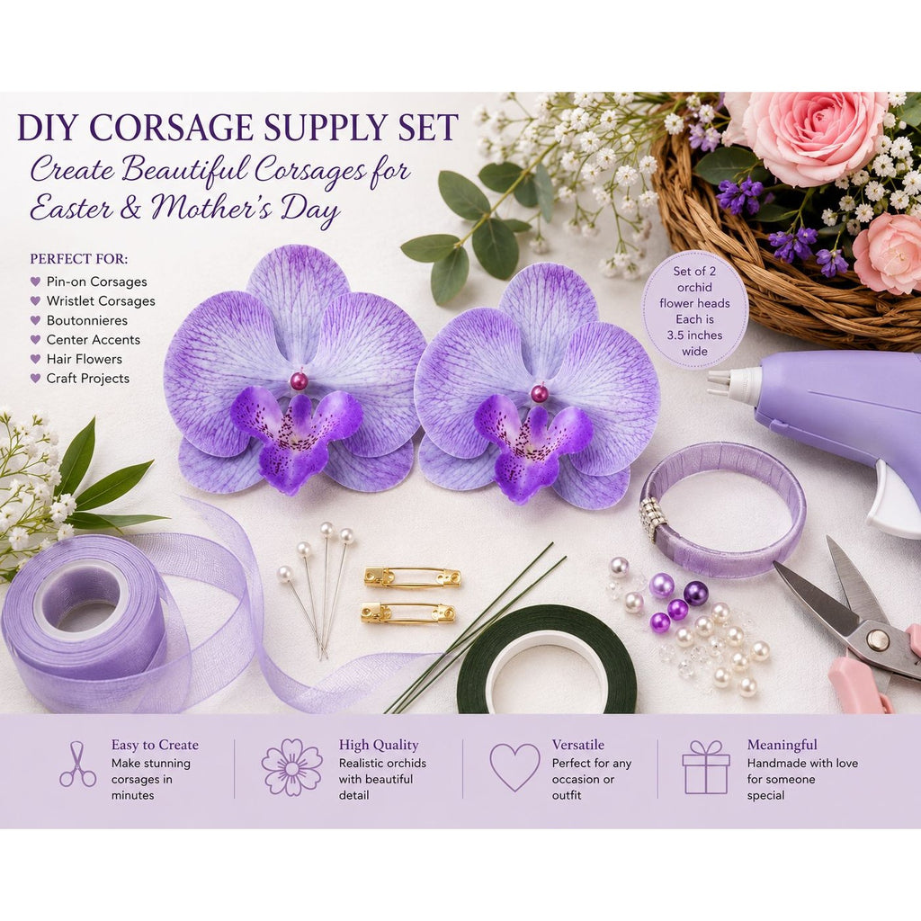 DIY Corsage Supply Set featuring two purple orchids, lavender ribbon, floral heads, greenery, pearls, pins, scissors, and a hot air gun, arranged on a white background with decorative flowers and text overlays.