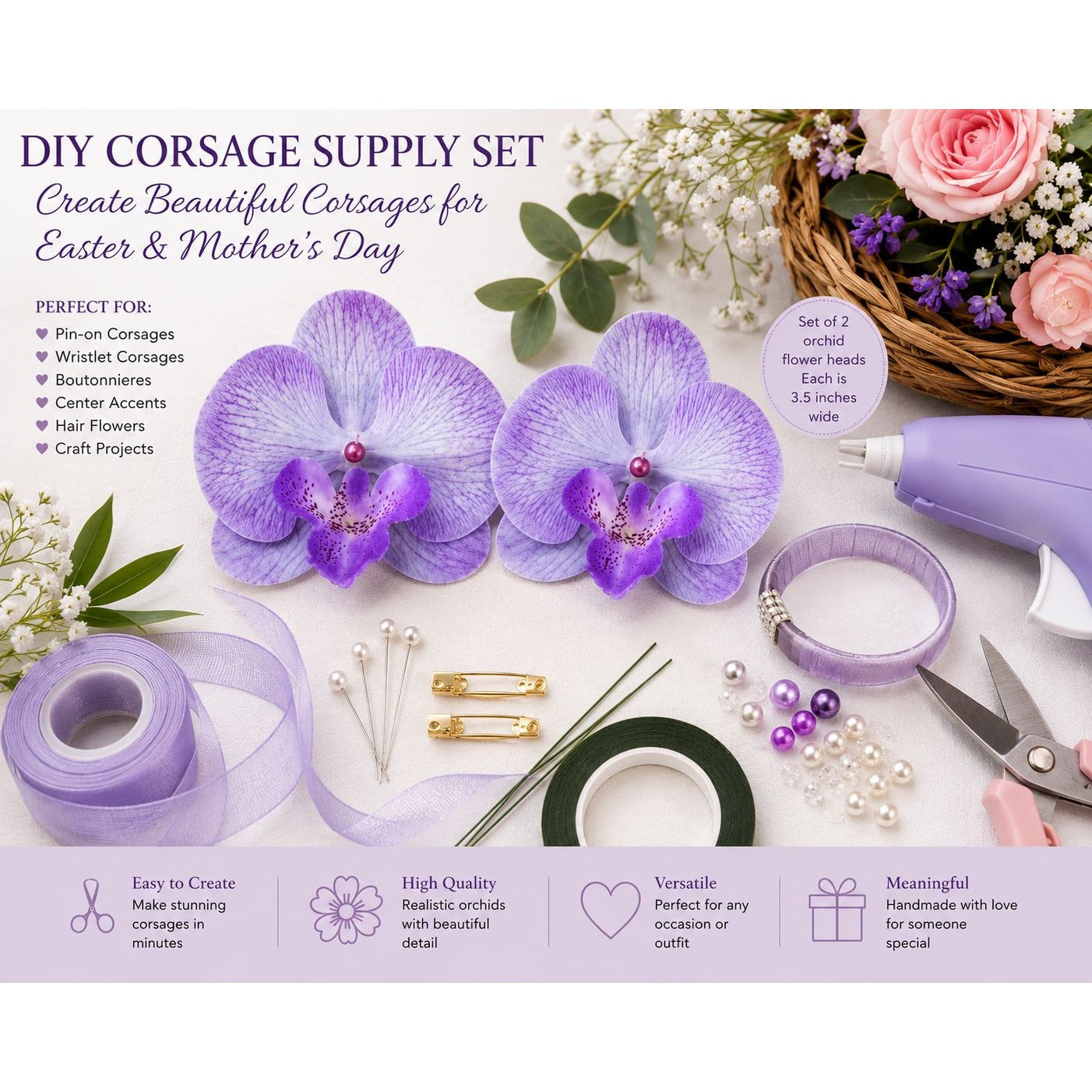 DIY Corsage Supply Set featuring two purple orchids, lavender ribbon, floral heads, greenery, pearls, pins, scissors, and a hot air gun, arranged on a white background with decorative flowers and text overlays.