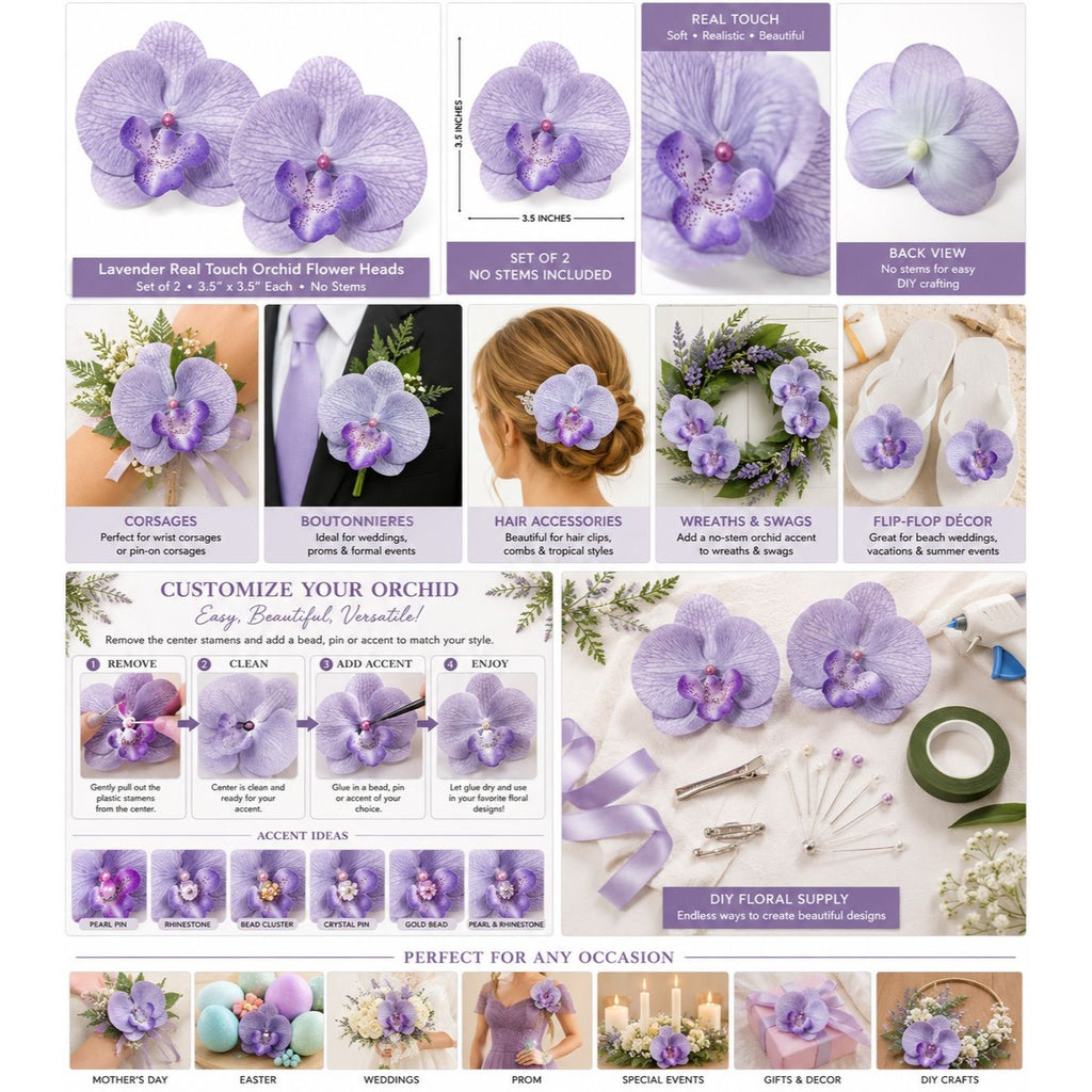 Set of 2 Lavender Purple Orchid Flower Heads 3.5 Inch Faux Phalaenopsis Blooms for Corsage Wristlet Boutonniere Craft