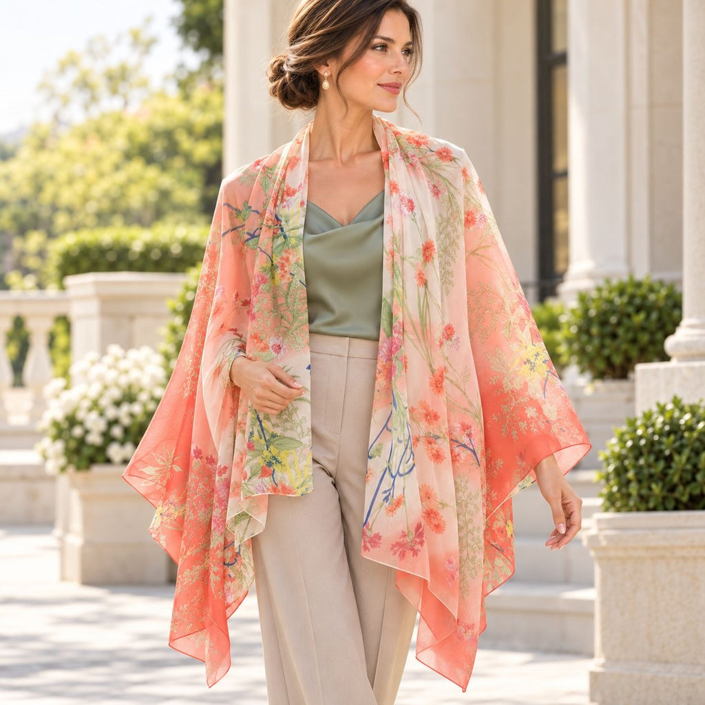 A woman stands outdoors in front of a classical building, wearing a lightweight coral and pink floral shawl draped over a sage green top and beige trousers.