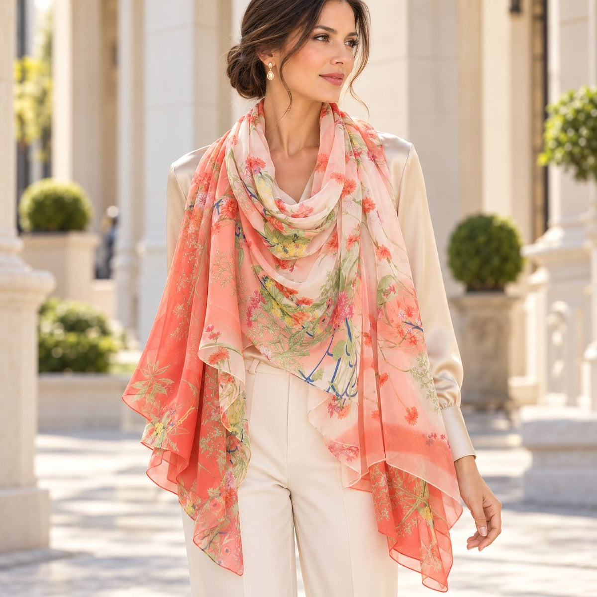 A woman wearing a light peach and pink floral silk scarf draped over her shoulders, paired with a cream satin blouse and white trousers, standing in a sunny outdoor courtyard with classical columns.
