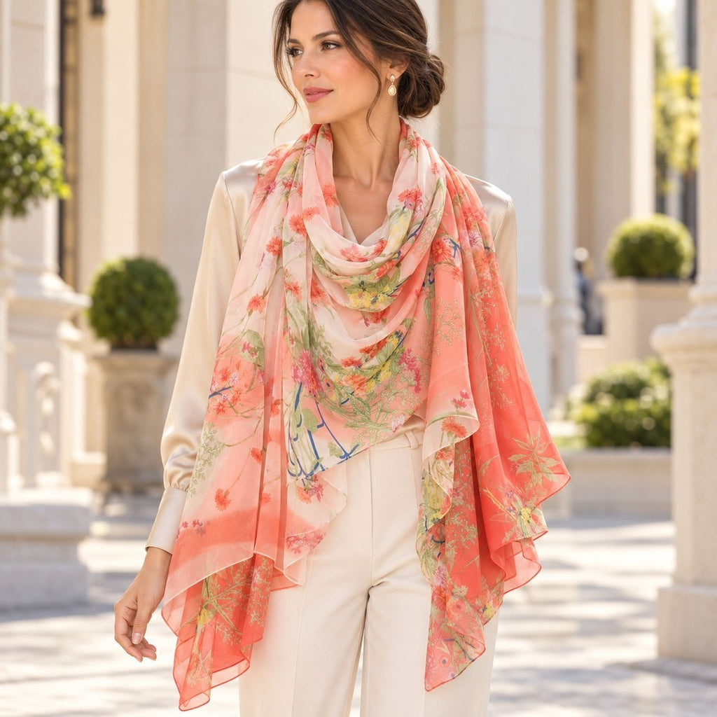 A woman wearing a lightweight peach and pink floral scarf with green and blue botanical details, styled over a cream satin blouse and cream trousers in an outdoor architectural setting.