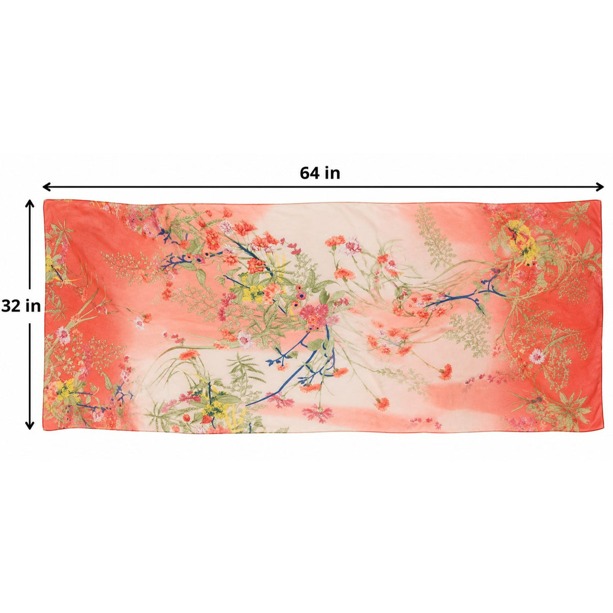 Peach Coral Floral Chiffon Scarf, 64 x 32 Inch Blue Botanical Wrap Shawl