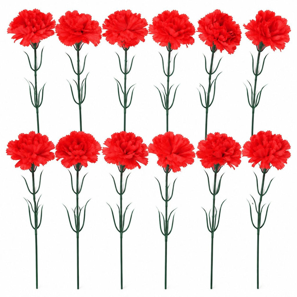 12 Red Artificial Carnation Stems, 14-Inch Faux Silk Christmas Flowers