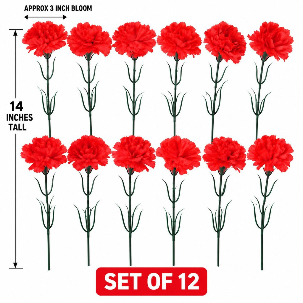 12 Red Artificial Carnation Stems, 14-Inch Faux Silk Christmas Flowers