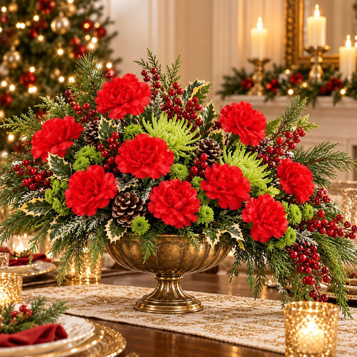 12 Red Artificial Carnation Stems, 14-Inch Faux Silk Christmas Flowers