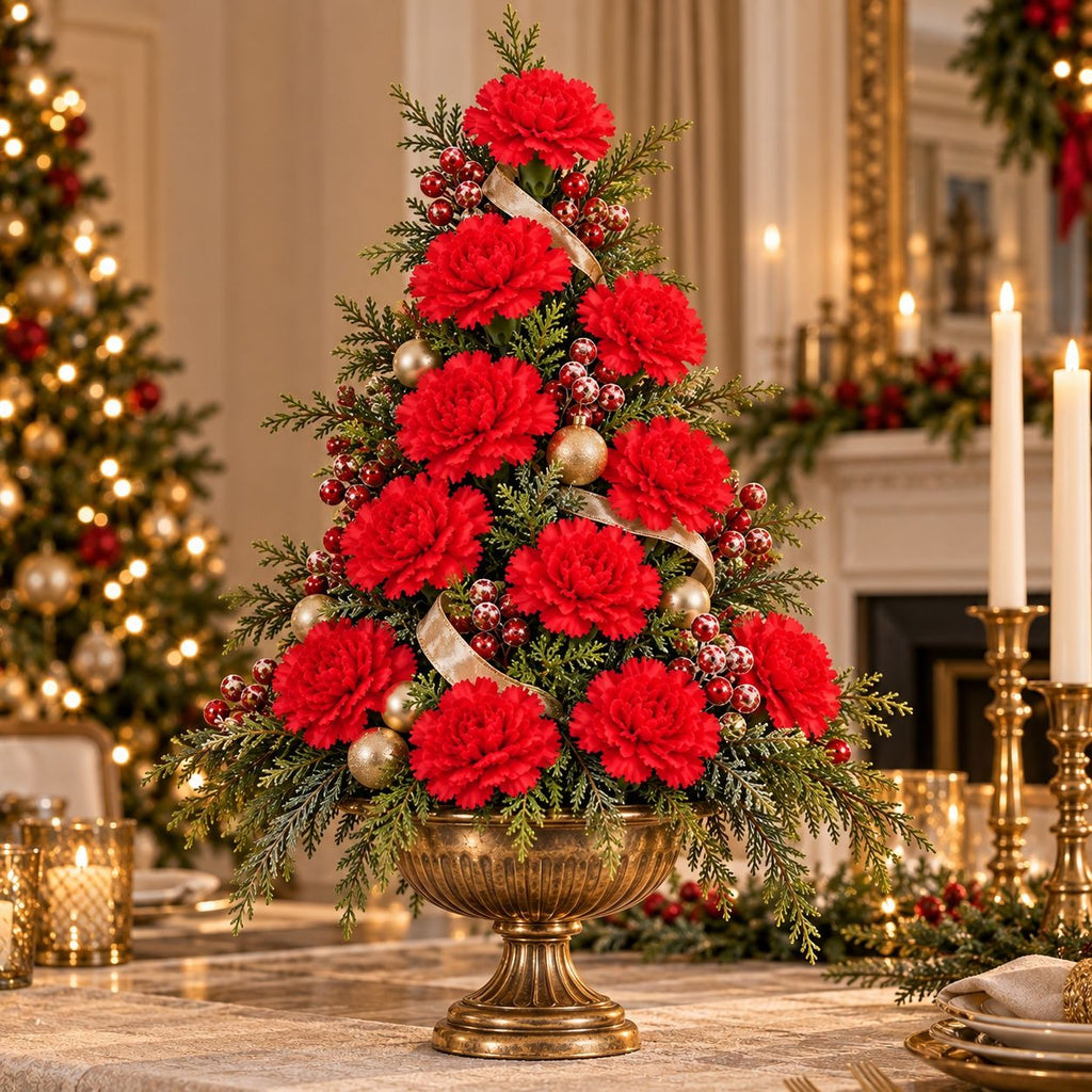 12 Red Artificial Carnation Stems, 14-Inch Faux Silk Christmas Flowers