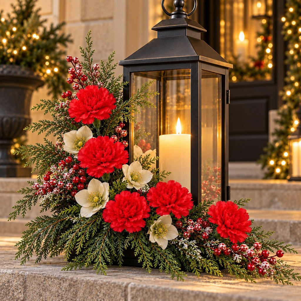 12 Red Artificial Carnation Stems, 14-Inch Faux Silk Christmas Flowers