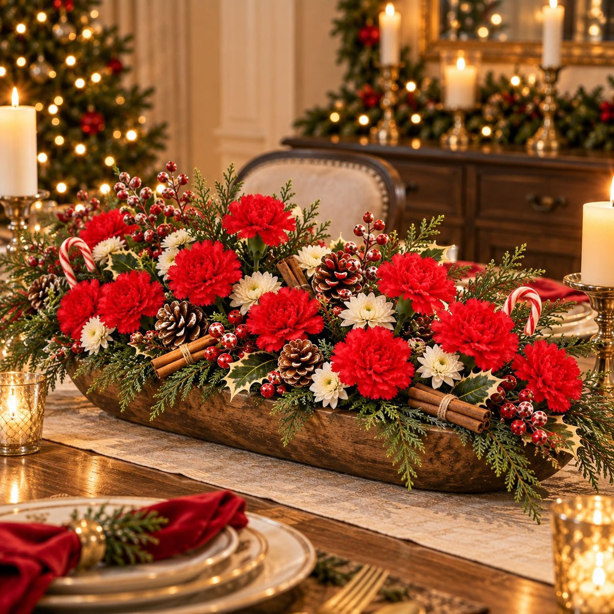 12 Red Artificial Carnation Stems, 14-Inch Faux Silk Christmas Flowers