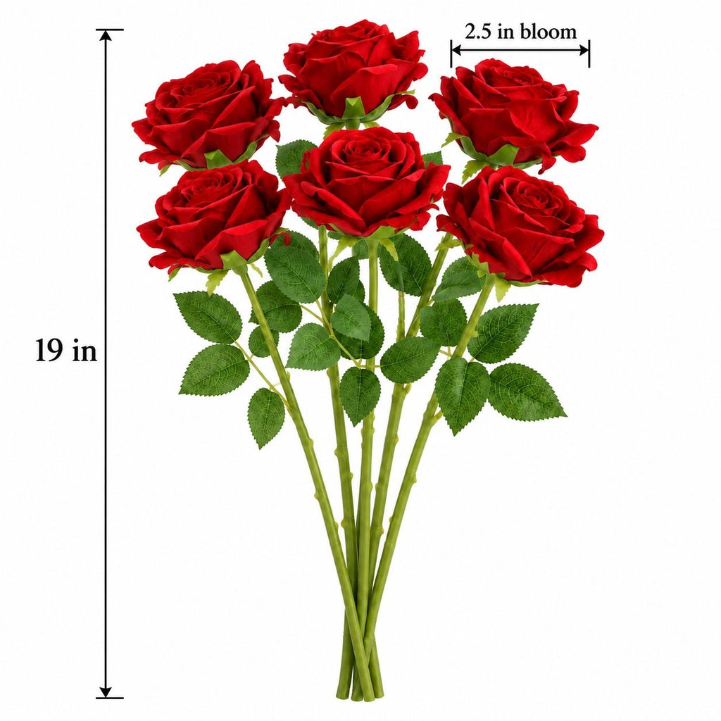Artificial Bright Red Velvet-Touch Rose Stems, Set of 6, Faux Flowers