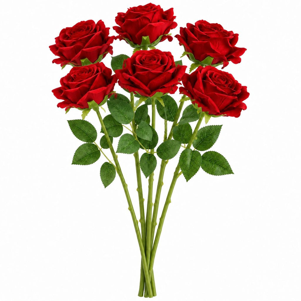 Artificial Bright Red Velvet-Touch Rose Stems, Set of 6, Faux Flowers