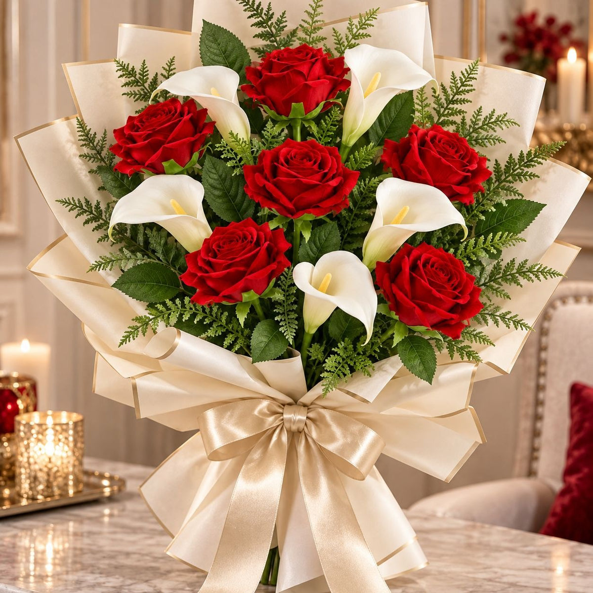 Artificial Bright Red Velvet-Touch Rose Stems, Set of 6, Faux Flowers