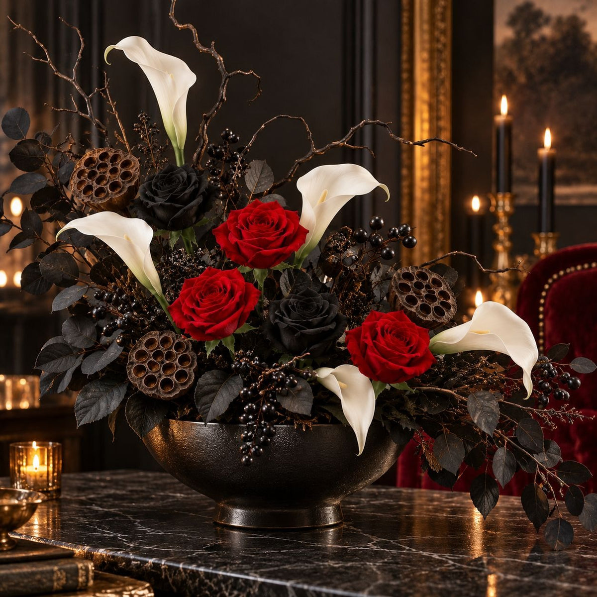 Artificial Bright Red Velvet-Touch Rose Stems, Set of 6, Faux Flowers