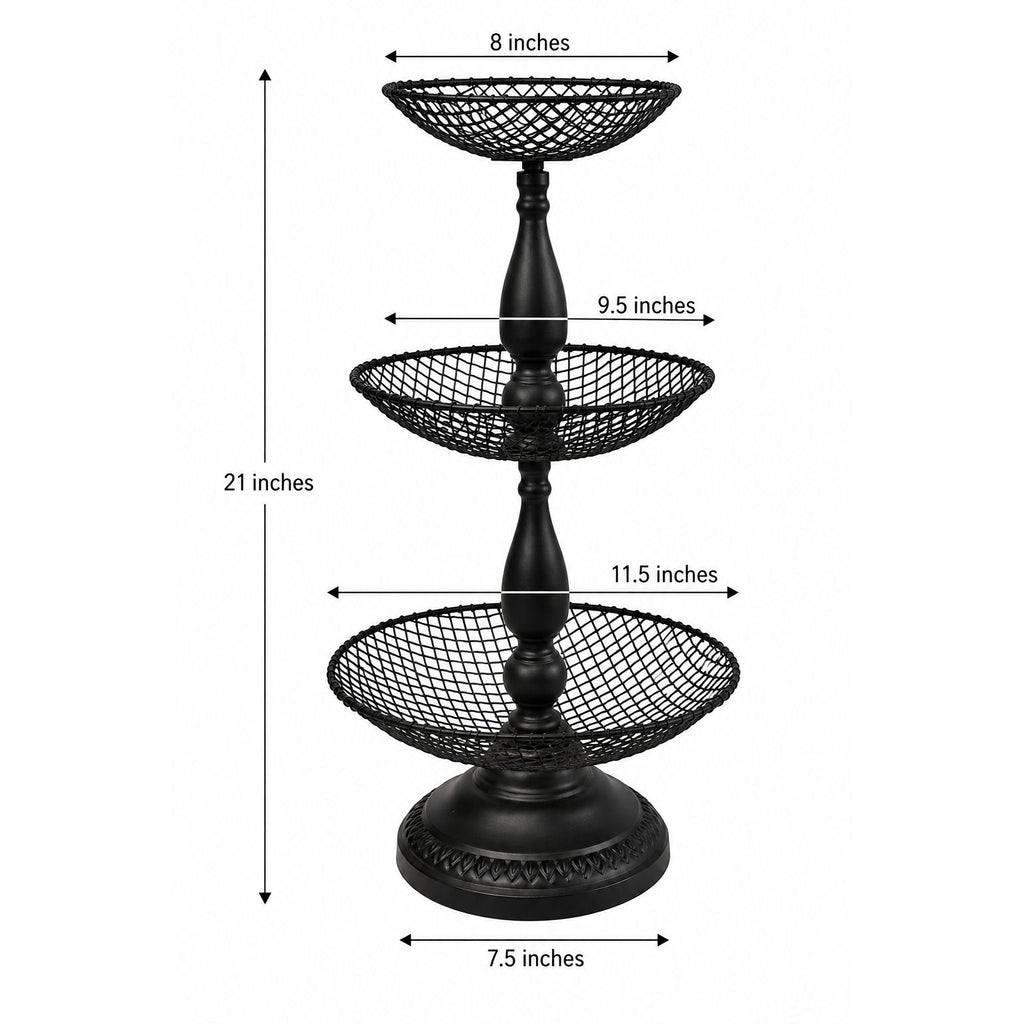 Black Metal 3 Tier Wire Basket Stand 21" Countertop Fruit Storage Organizer