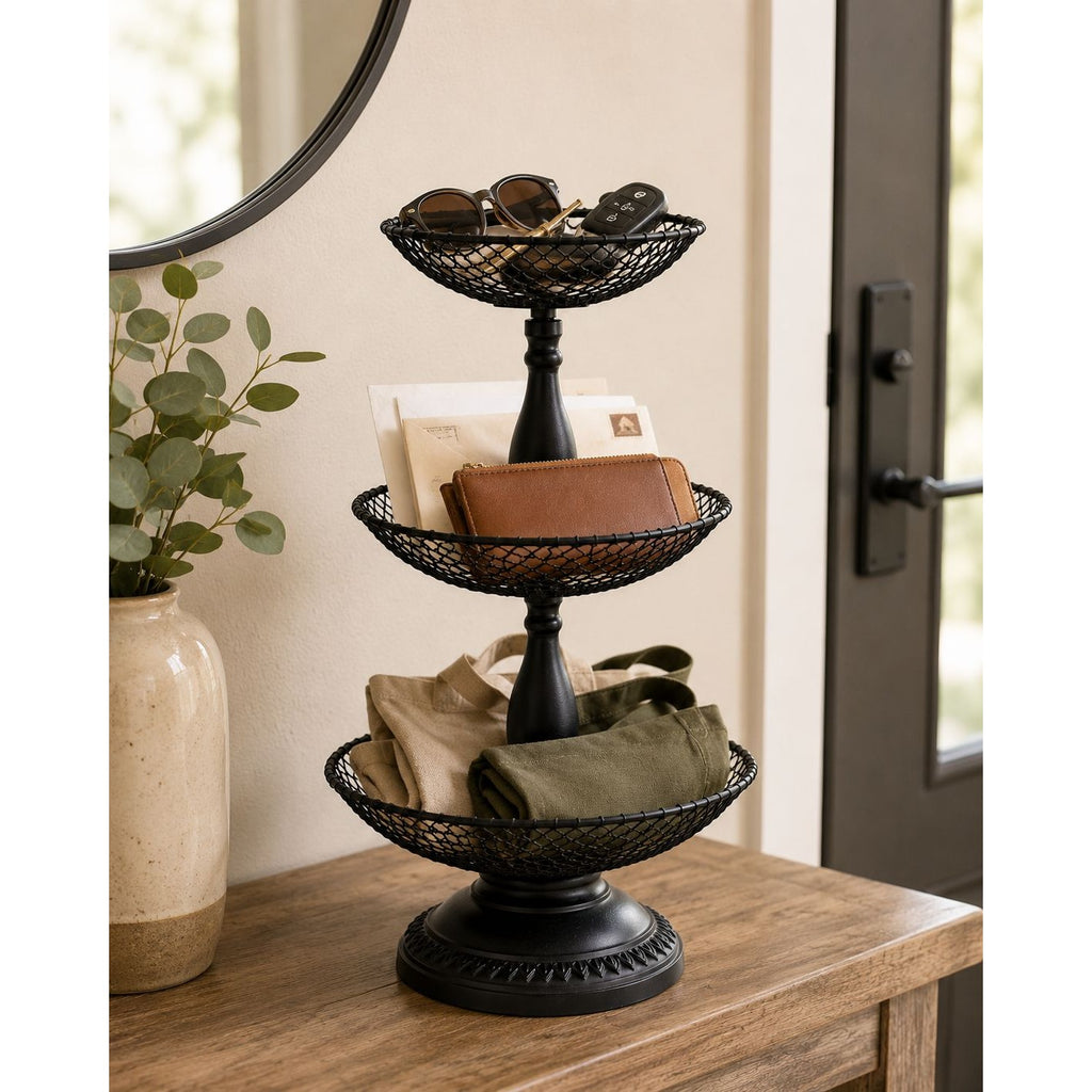 Black Metal 3 Tier Wire Basket Stand 21" Countertop Fruit Storage Organizer