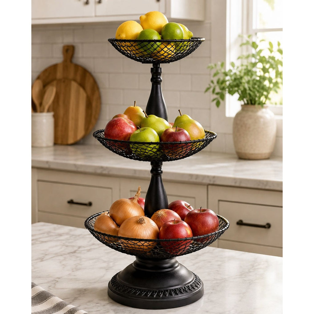 Black Metal 3 Tier Wire Basket Stand 21" Countertop Fruit Storage Organizer