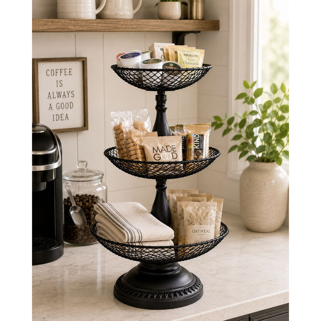 Black Metal 3 Tier Wire Basket Stand 21" Countertop Fruit Storage Organizer