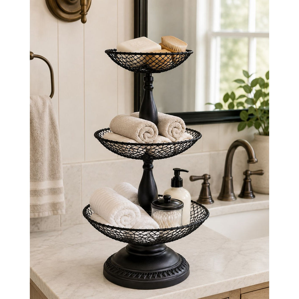 Black Metal 3 Tier Wire Basket Stand 21" Countertop Fruit Storage Organizer
