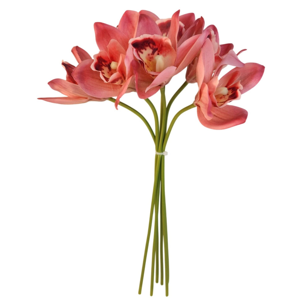 Artificial Cymbidium Orchid Stems Pink Burgundy Faux Orchid Bouquet Realistic Floral Arrangement 15 Inch