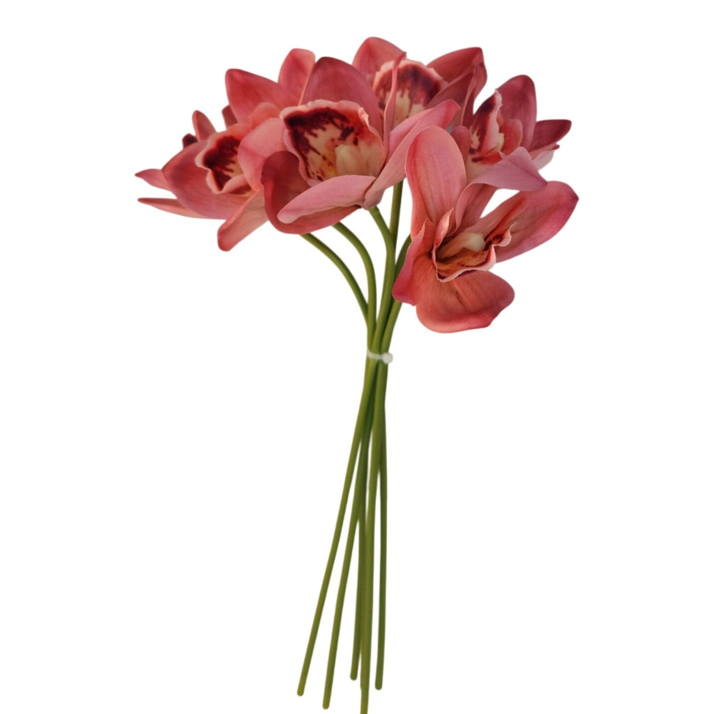Artificial Cymbidium Orchid Stems Pink Burgundy Faux Orchid Bouquet Realistic Floral Arrangement 15 Inch