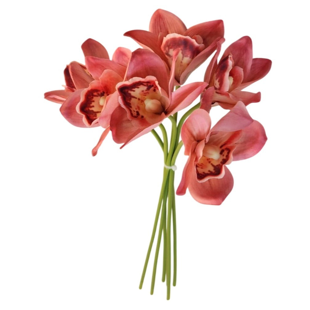 Artificial Cymbidium Orchid Stems Pink Burgundy Faux Orchid Bouquet Realistic Floral Arrangement 15 Inch
