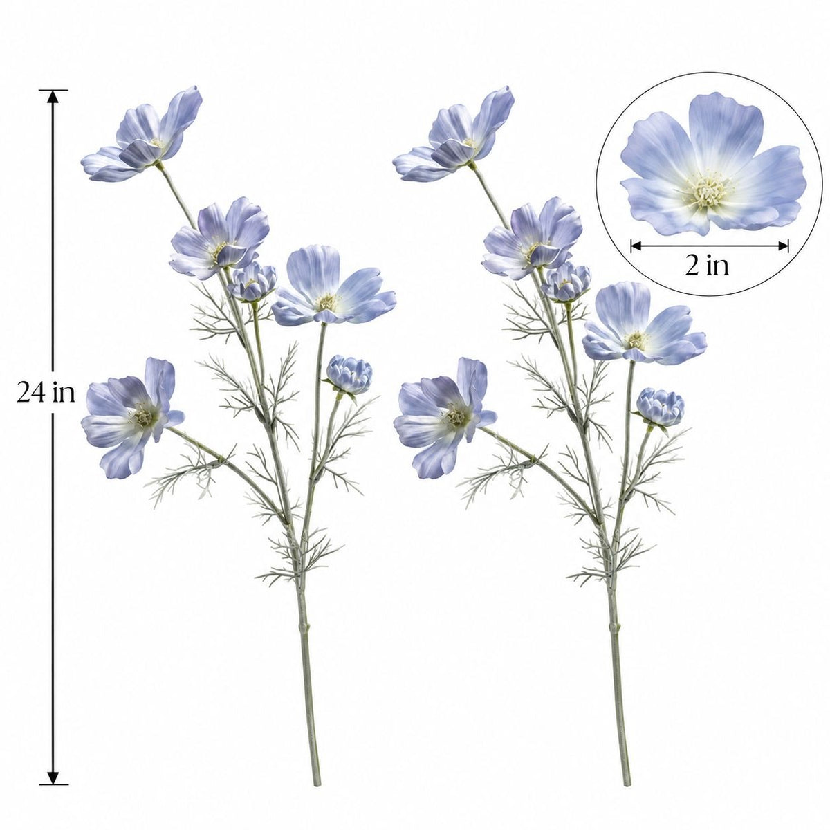 Two bundles of artificial blue-gray flowers with delicate stems and feathery foliage on a white background, featuring a 24-inch height marker and a circular inset showing a close-up of a 2-inch flower.