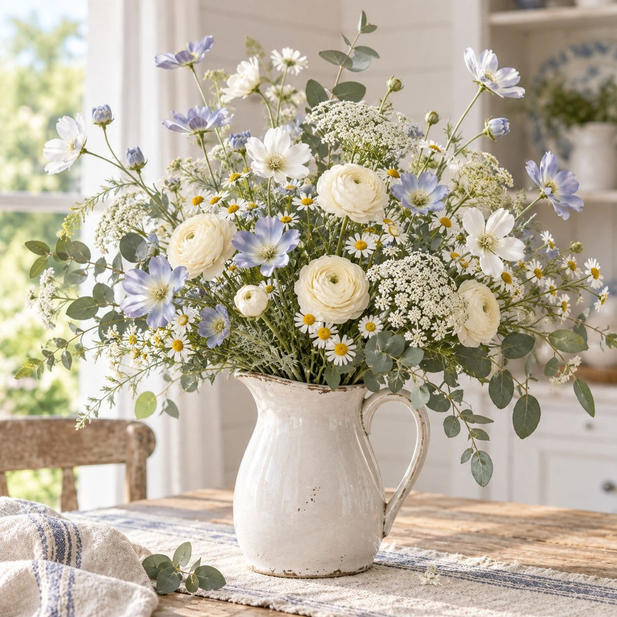 A large, vibrant floral arrangement of white, light blue, and yellow wildflowers with green eucalyptus stems, presented in a distressed white ceramic pitcher on a rustic wooden table.