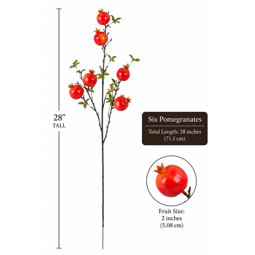 Artificial pomegranate branch with measurements on a white background