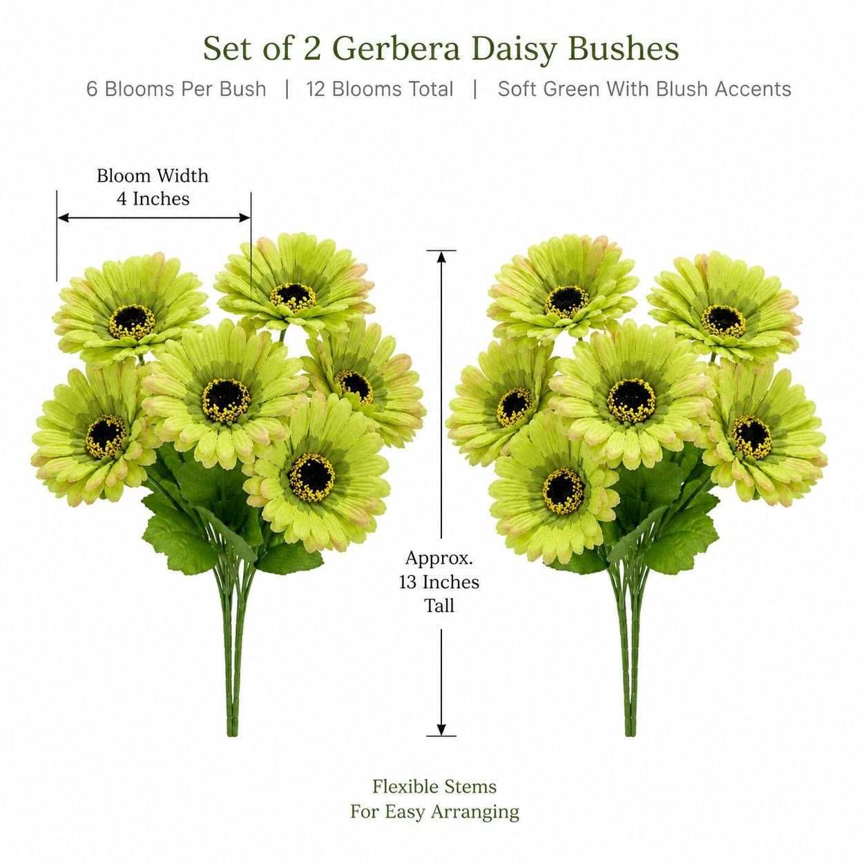 Set of 2 Green Gerbera Daisy Bushes Artificial Flowers Faux Floral Stems Spring Decor Cottagecore Decor French Country Wedding Flowers