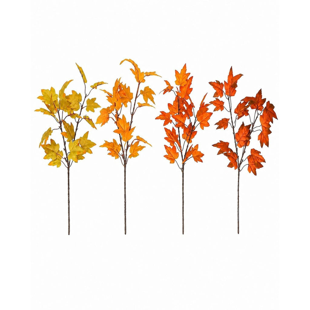 Artificial Fall Maple Leaf Stems Set of 4, 15 Inch Orange Yellow Autumn Branches, Wired Silk Foliage Decor