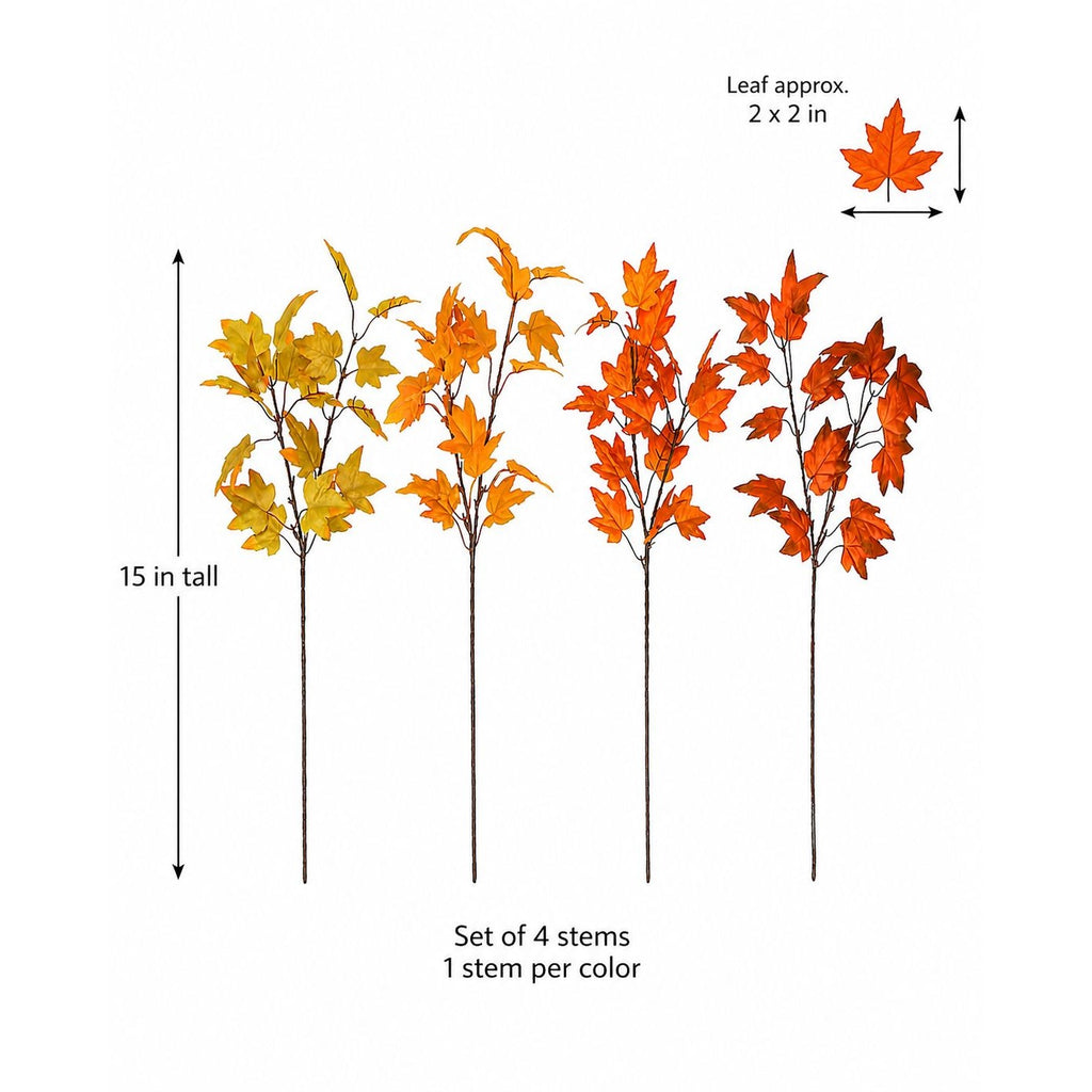 Artificial Fall Maple Leaf Stems Set of 4, 15 Inch Orange Yellow Autumn Branches, Wired Silk Foliage Decor
