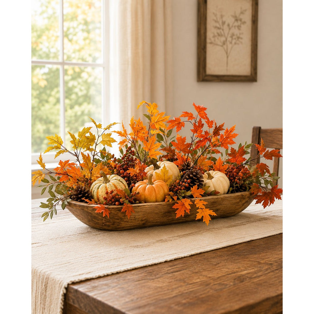 Artificial Fall Maple Leaf Stems Set of 4, 15 Inch Orange Yellow Autumn Branches, Wired Silk Foliage Decor