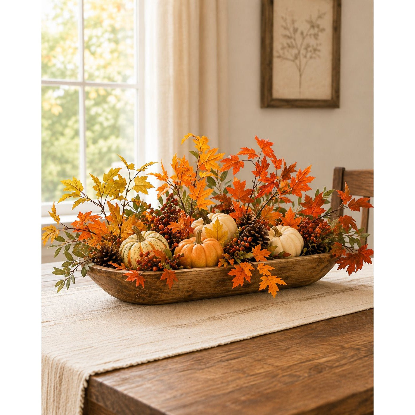 Artificial Fall Maple Leaf Stems Set of 4, 15 Inch Orange Yellow Autumn Branches, Wired Silk Foliage Decor
