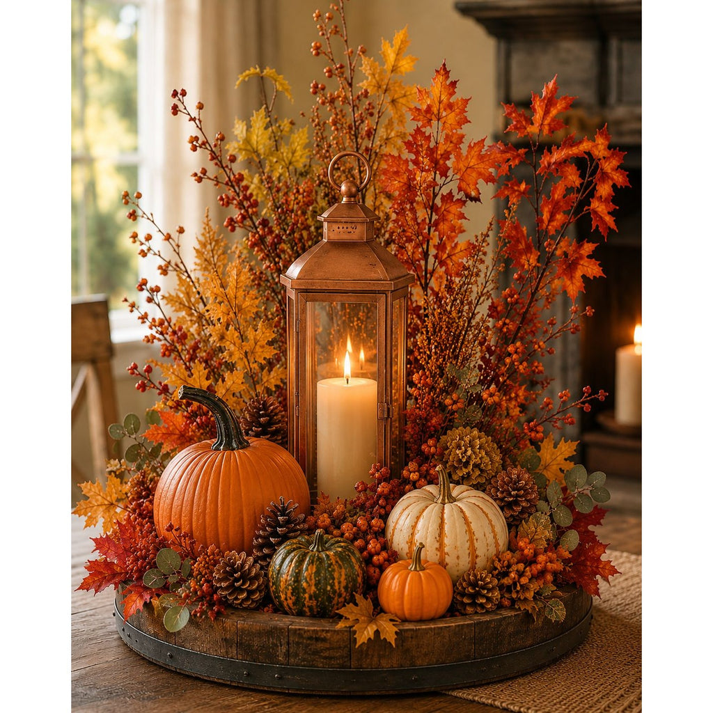 Artificial Fall Maple Leaf Stems Set of 4, 15 Inch Orange Yellow Autumn Branches, Wired Silk Foliage Decor