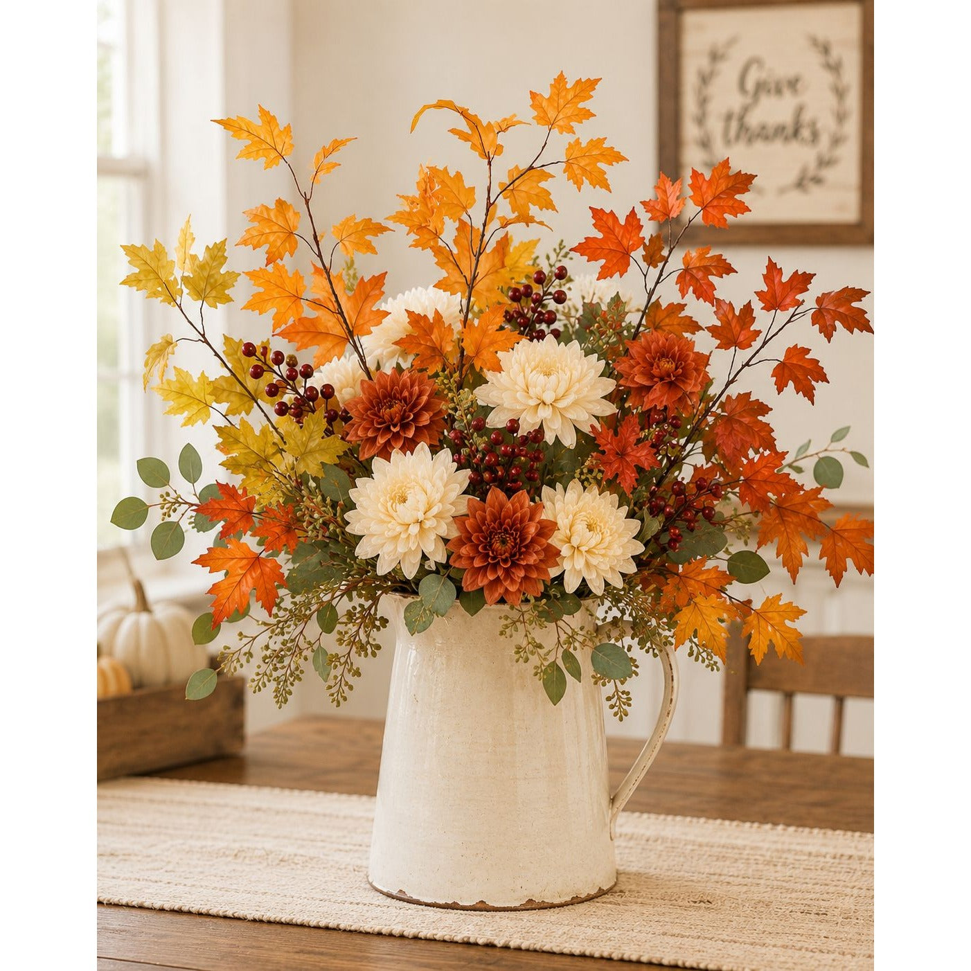 Artificial Fall Maple Leaf Stems Set of 4, 15 Inch Orange Yellow Autumn Branches, Wired Silk Foliage Decor