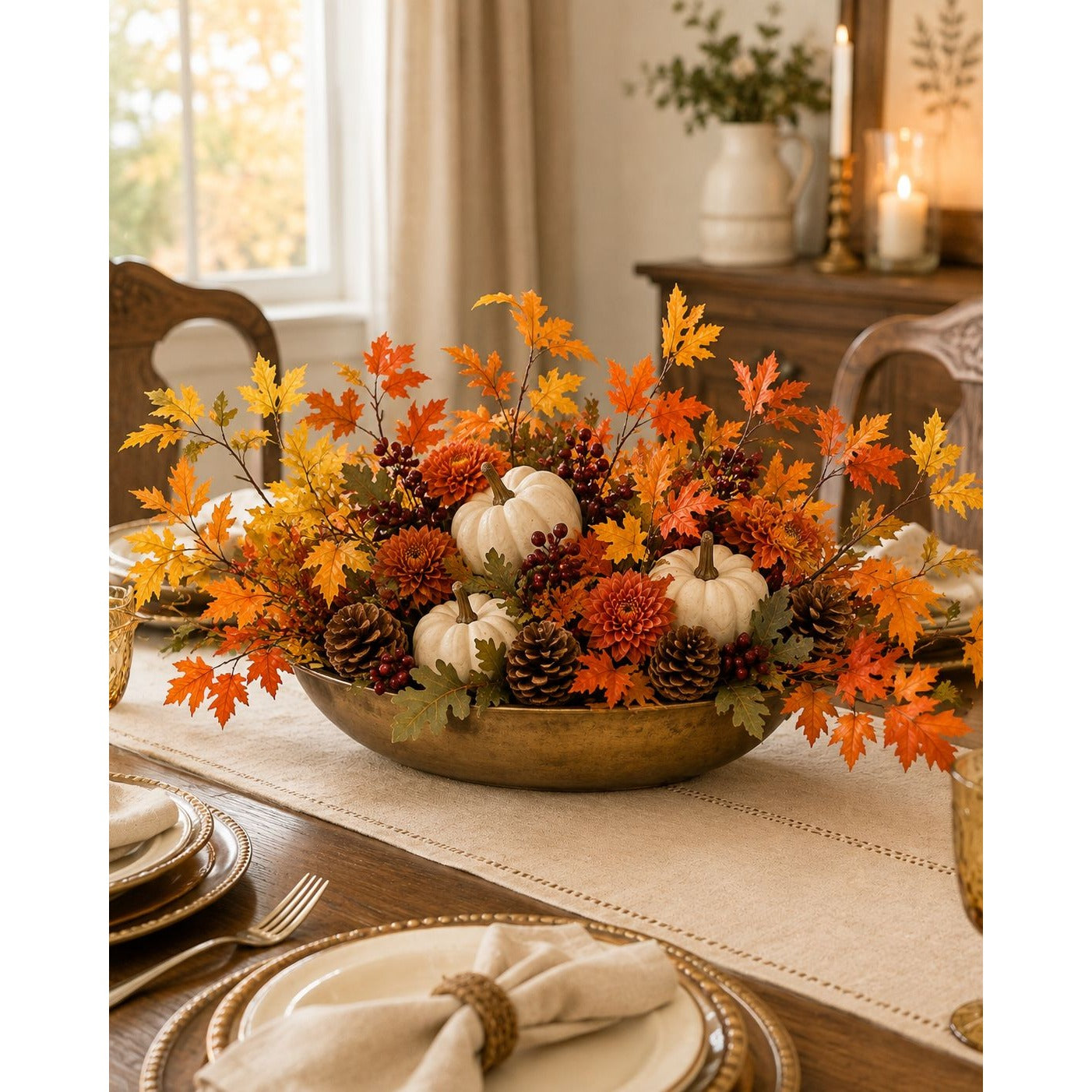 Artificial Fall Maple Leaf Stems Set of 4, 15 Inch Orange Yellow Autumn Branches, Wired Silk Foliage Decor