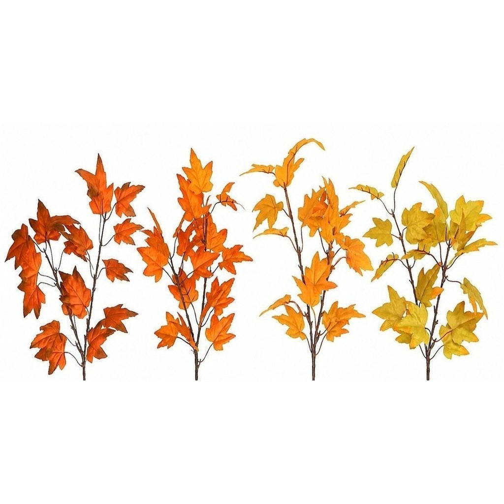 Artificial Fall Maple Leaf Stems Set of 4, 15 Inch Orange Yellow Autumn Branches, Wired Silk Foliage Decor
