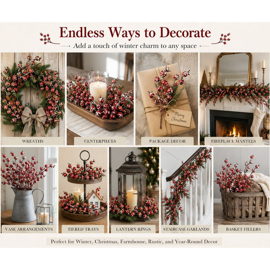 8 Frosted Red Berry Picks Winter Berry Stems Christmas Decor Faux Berry Branches Holiday Craft Picks Rustic Farmhouse Decor Vase Filler